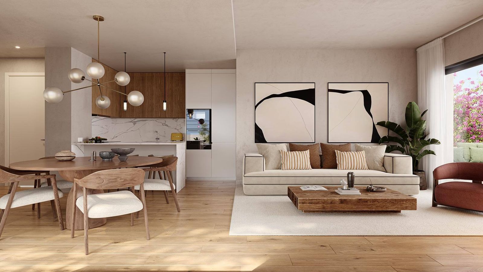 Moderne woon- en eetkamer met houten vloer en designmeubels.