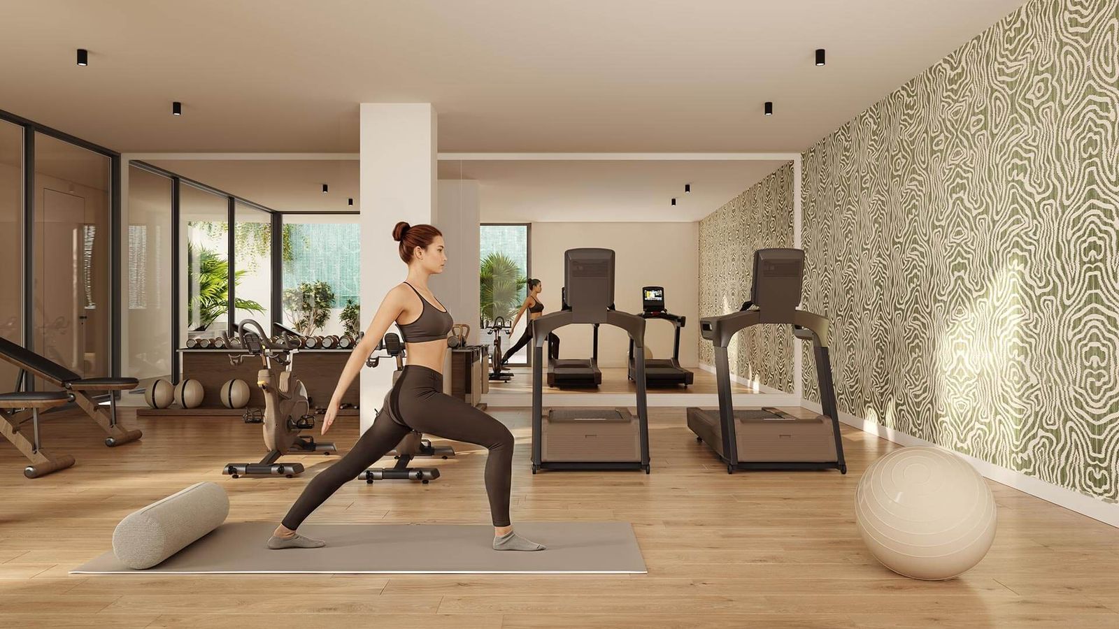 Isidora Living Las Mesas: Ruime fitnessruimte met yoga en cardio apparatuur.